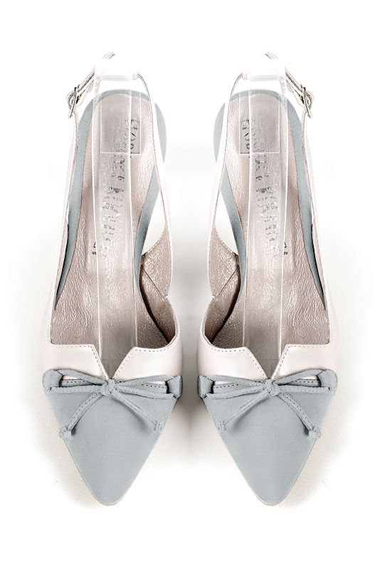 Pearl grey and pure white women's open back shoes, with a knot. Tapered toe. High slim heel. Top view - Florence KOOIJMAN